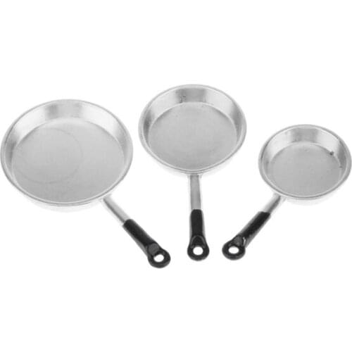 ABWE Best Sale 1/12 Scale 3pcs Dollhouse Miniature Metal Frying Pans Cooking Pot Cookware Kitchen Accessory Silver