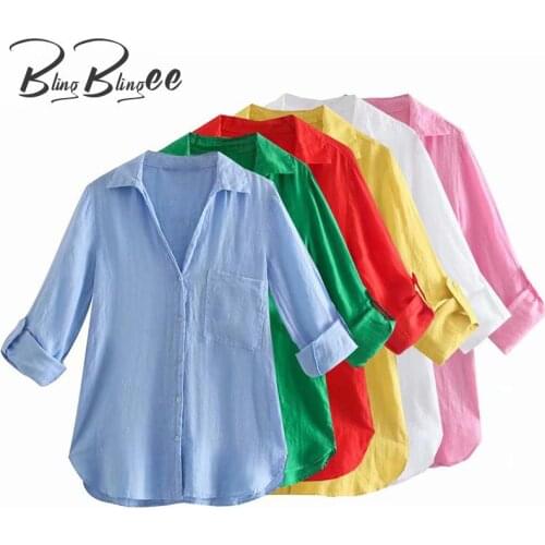 BlingBlingee 2021 Summer Women Casual Loose Shirt Fashion Roll Sleeves V Neck Patch Pocket Curved Hem Female Linen Blouses Tops