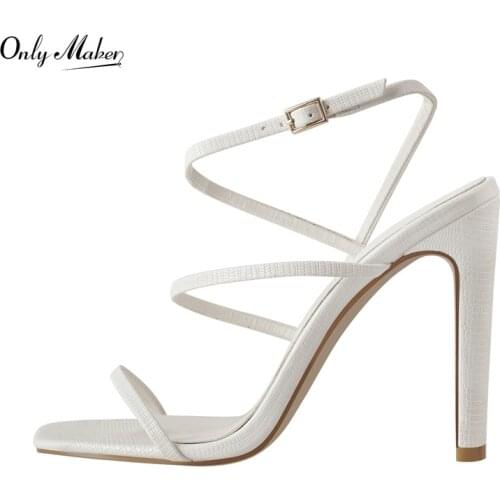 Onlymaker High Heels Sandal Square Open Toe Ankle Buckle Matte White Narrow Band Crocodile Print Shoes