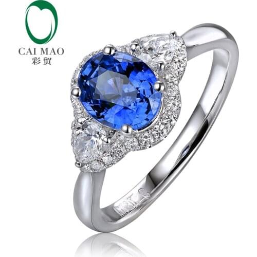 CaiMao 1.51ct Natural Oval Shape Sapphire Halo Diamond 14K White Gold Engagement Ring for Anniversary
