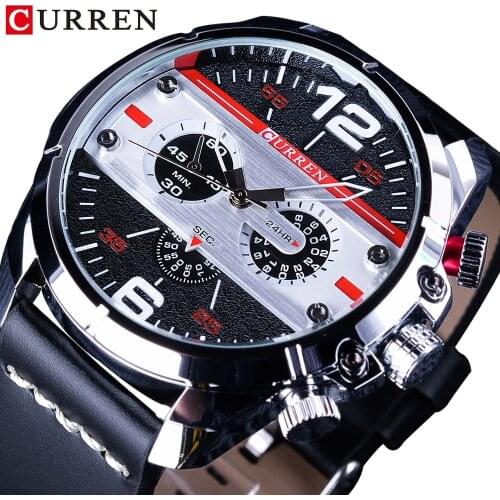 CURREN Black Leather Belt Big Dial Racing Design Waterproof Sport Watches Top Brand Luxury Military Men Quartz Hour Analog Clock