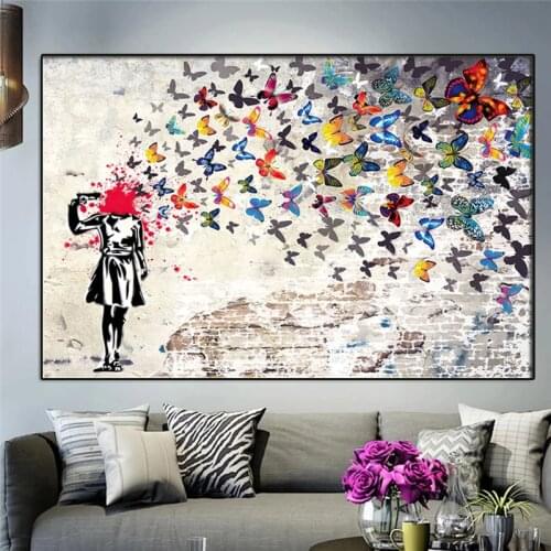Girl with Butterfly Canvas Paintings Graffiti Poster Artwork Wall Abstrac Figure Painting Pictures Prints Modern Room Decor