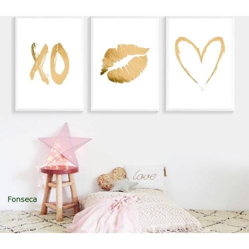 Golden Lips Canvas Painting Love XO Poster Nordic Abstract Wall Art Pictures For Living Room Modern Home Decor