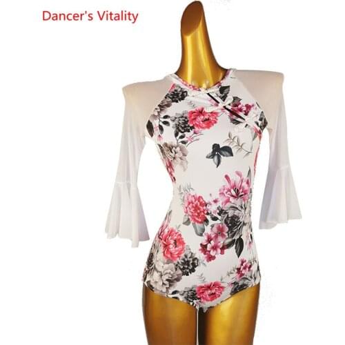 Latin Dance Female Adult Child Elegant V-neck Body Suit Practice Clothes High-end Custom Modern Dancing Mesh Long Sleeve Top