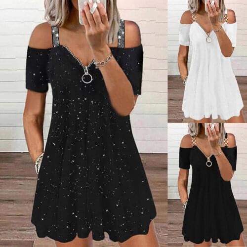 Summer Dress Sexy Diamonds Cold Shoulder Mini Dress Women Evening Party Dresses Fashion Loose Beach Short Dress Female Vestidos