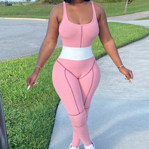 BAMBOOBOY Women Fashion Sleeveless Colorblock Patchwork Slim Casual Yoga Gym Bodycon Fitted Jumpsuit Playsuit ZL1548