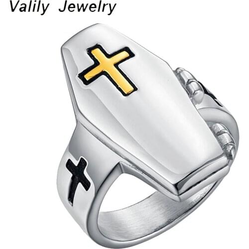 Valily Mens Punk Biker Ring Geometric Statement Cross Ring Stainless Steel Silver Color Tone Wedding Band Rings Jewelry for Man