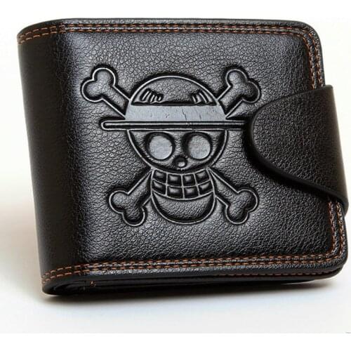 HUIMENG Men Boys One Piece Luffy Wallet Monkey D Luffy Straw Hat Pirates Anime Skull Wallet Purse Black PU Leather
