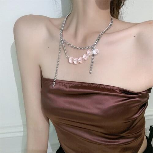 VSnow Japanese Vintage Transparent Resin Beaded Chokers Necklace for Women Asymmetry Chunky Chain Metallic Necklace Jewellery