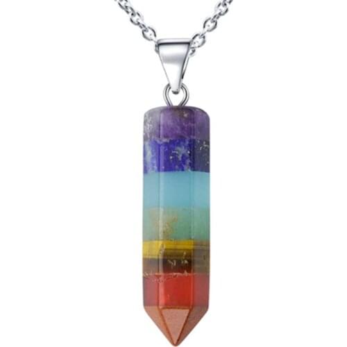 FYSL Silver Plated Layer Hexagon Column Rainbow Stone Pendant Link Chain Necklace Healing Chakra Jewelry