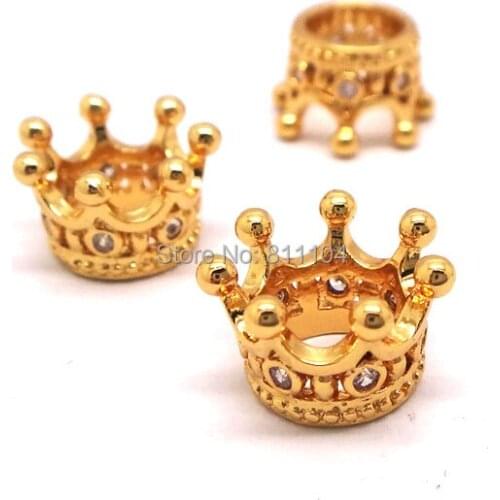 Gold Plated Micro Pave Brass Metal Zircon CZ Crystal Crown Shape European Charms Hollow Spacer Beads Connectors Findings