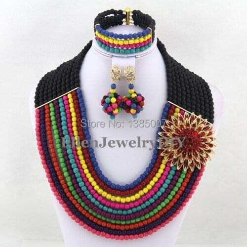 Rainbow African Nigerian Wedding Beads hot Jewelry Set,10 Rows hot Necklace Bracelet Earrings Sets TL1290