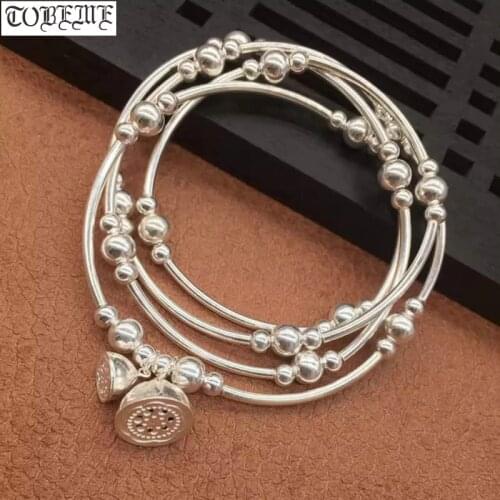 Handmade 925 Silver Beads Bracelet Sterling Beads Women Wrap Bracelet 4 Circle Silver Lotus Charm Beaded Bracelet