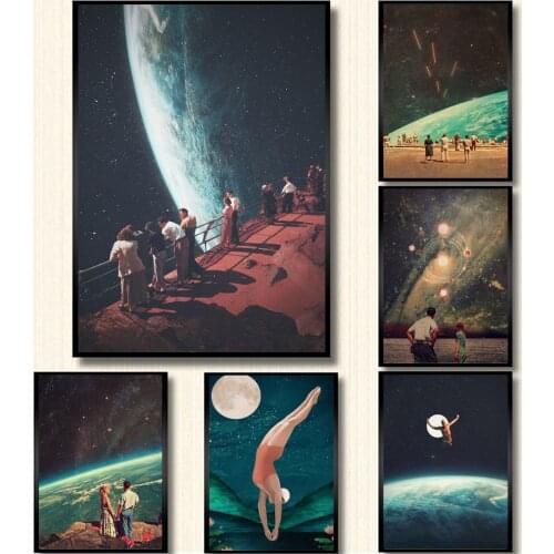 Self-adhesive Wall Stickers Night Sky Art Prints Earth Surrealism Galaxy Space Moon Swiming Cosmic Wall Pictures Sci-Fi Decor