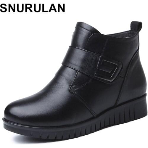 SNURULAN 2018 New Warm Comfortable Thick Wool Snow Boots Women Boots Flat Non-slip Fashion Shoes Real Leather Shoes