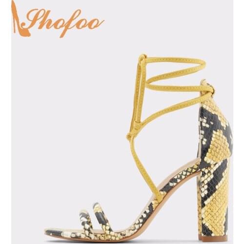 Yellow Snake Prints High Chunky Heels Women Sandals Open Toe Lace Up Large Size 14 15 Ladies Summer Fashion Sexy Shoes Shofoo