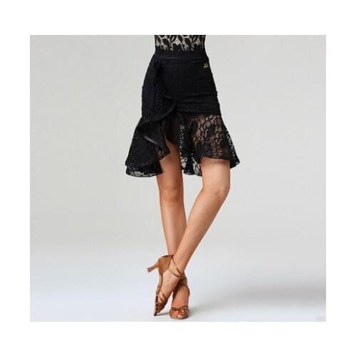 2019 New sexy Latin dance skirts women black lace skirt irregular fish tail skirt long ballroom dance dress