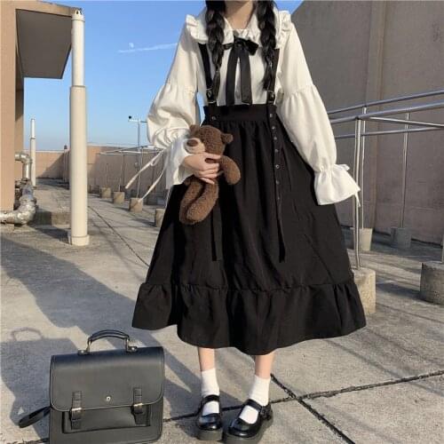 OLOMLB Harajuku Sleeveless Elastic Waist Mid-Length Skirt+Soft Sweet Japanese Style Peter Pan Collar Long Sleeve Shirt Female