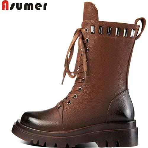 ASUMER 2022 New Arrival With Fur Comfortable Ankle Boots Zipper Lace Up Genuine Leather Retro Thick Bottom Women Winter Boots