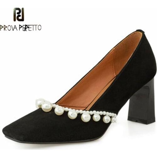 Autumn New Style French Pearl Square Toe High Heels Womens Thick-heeled Cowhide Shallow Mouth Ladies Gentle Single Shoes