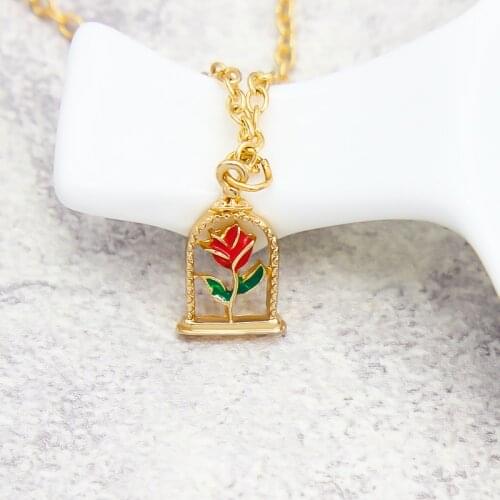 Golden Bell rose Pendant Necklace Romantic woman flower Gold long chain Beauty and beast necklaces