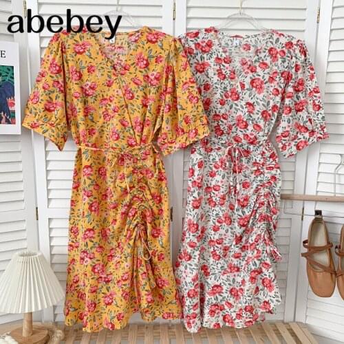 Fashion V-neck short sleeve Dress drawstring pleated irregular Ruffles print short A-line Dress 2021 New Summer Women