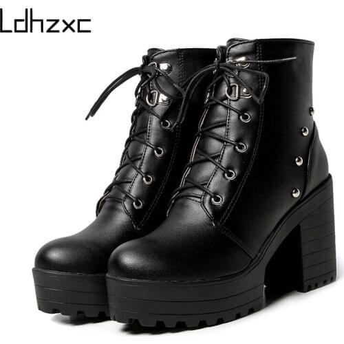 LDHZXC Pu Leather Booties Women High Heels Spring Autumn Platform Ankle Boots with Zippers Black Punk High Quality Big Size