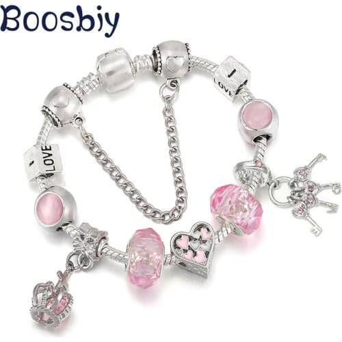 Silver Plated European Style Pink Heart Beads Charm Bracelet With Key & Crown Pendants For Women DIY Fashion Jewelry Gift