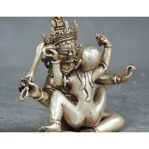 4" Old Chin5 Tibetan Buddhism Silver Vajra Mandkesvara Yab-Yum Buddha Statue
