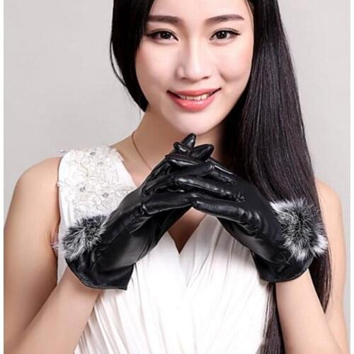 Elegant Charm Rabbit Fur Ball PU Leather Gloves Winter Warm Gloves Mittens Wrist Soft Covered Finger Women Fashion Accessory
