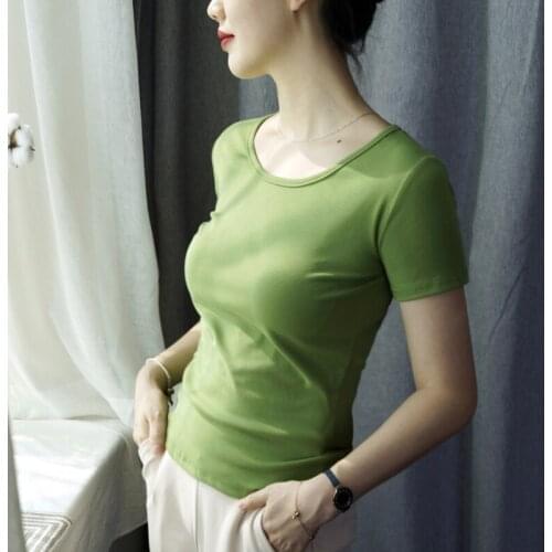 Cotton knitted solid women t-shirts 2020 summer new o-neck short-sleeved slim casual all match female pulls outwear tops tees