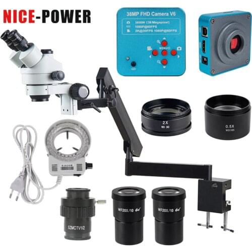 Nice-power Focal Industrial Trinocular Stereo Microscope 3.5X-180X Zoom Articulating Arm Pillar Clamp+38MP HDMI Video Camera
