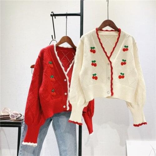 Pastoral Girly Style Little Cherry Short Sweater Jacket Women 2020 New Korean Student Sweater Cardigan