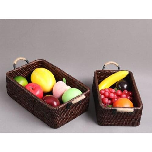 Chinese Retro Style Handmade Eco-friendly Rattan Storage Basket With Metal Handle Portable Storage Container For Fruit Snacks