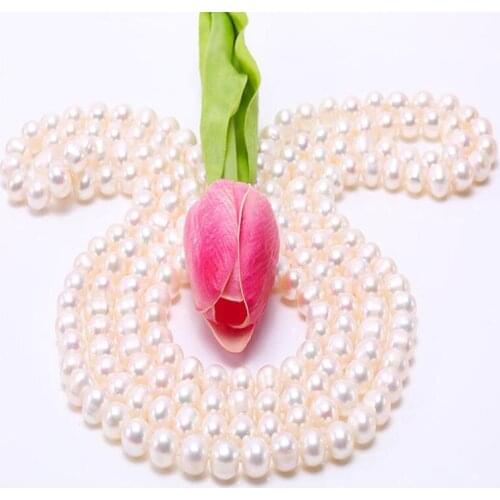 Round Long Pearl Necklaces Natural White 8-9mm Freshwater Pearl Chains Endless Long Sweater Necklace