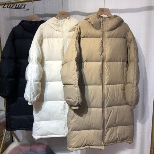 Luzuzi Long Down Jacket Women 2021 New Winter Thick Down Hooded Coat Loose Casual 90% White Duck Down Bread Female Outerwear