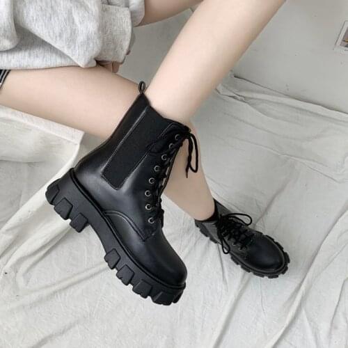 Fashion Motorcycle Boots Wedges Flat Shoes Woman High Heel Platform PU Leather Boots Lace Up Women Shoes Black Boots Girls