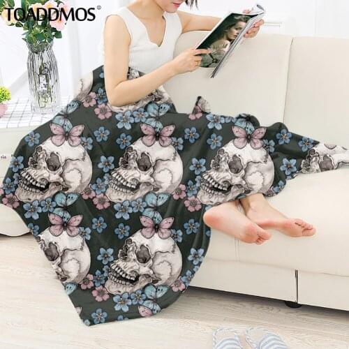 TOADDMOS Skull & Butterflies Print Fleece Blanket Soft Thin Quilt for Kid Adult Sofa Nap Warm Throw Blanket Comfort Knee Blanket