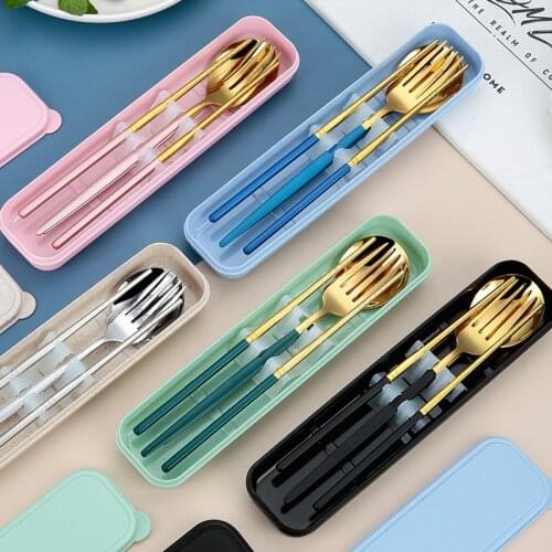 Portable Chopsticks Spoon Set Kids Tableware Cute 3 Piece Set Stainless Steel Fork Single Student Storage Case