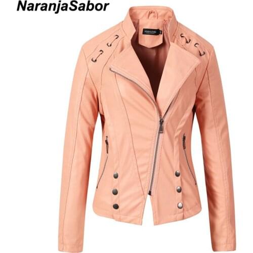NaranjaSabor New Women Spring Autumn PU Leather Jacket Zipper Slim Short Coat Female Turn-down Collar Motor Biker Jacket NQ002