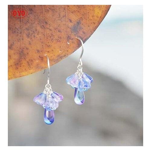 925 silver hand crystal lavender flower sterling silver earrings