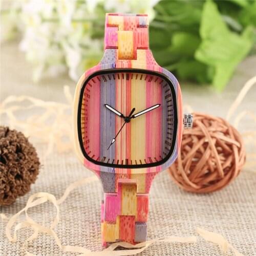 Modern Lady Colorful Wood Bracelet Clock Luminous Hands Quartz Analog Timepiece Full Wooden Strap Watches for Women Square Case