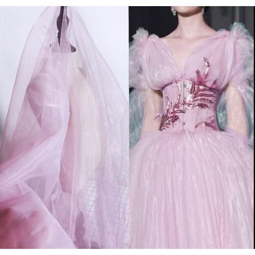 Light pink high-density organza gloss bright semi-transparent wedding dress solid color garment fabric