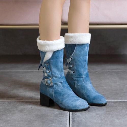 YMECHIC 2020 Fashion Warm Faux Fur Women Winter Shoes Denim Black Blue Buckle Cross Tied Block High Heels Mid Long Snow Boots 45