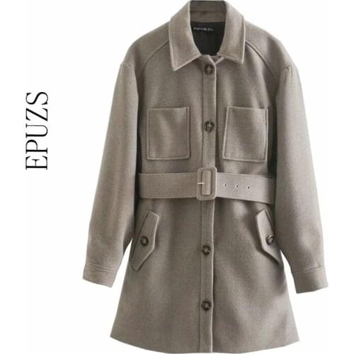 ZA 2020 women jacket long sleeve woolen Jacket winter thick korean outwear casual belt women jacket