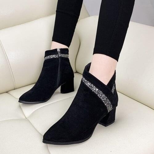 2020Fashion Pointed Toe Shoes Suede Leather Solid Color Shoes HOT Ankle Boots For Women Square Heel