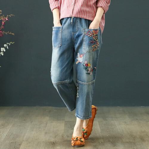 Summer Floral Embroidery Women Jeans Pants Casual High Waist Jeans Femme Light Blue Denim Loose Jeans Harem Pants Plus Size 3XL