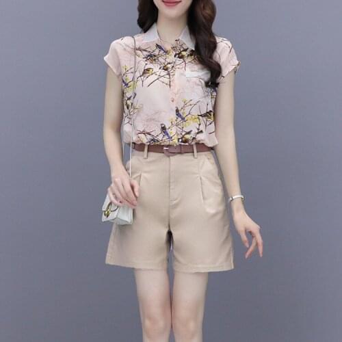 2021 Women Summer Elegant Suits Casual Lapel Print Chiffon Shirt Tops and High Waist Short With Belt Two Piece Set