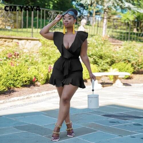 CM.YAYA Women Playsuit Solid Short Sleeve V-neck Ruffles Bandage Sashes Stretchy Playsuits Fashion Rompers Summer Outfits 2021