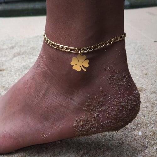 Stainless Steel Clover Anklets Fashion Cuban Chain Accessory Summer Beach Anklet For Women Foot Jewelry Golden Color Feet Gifts
